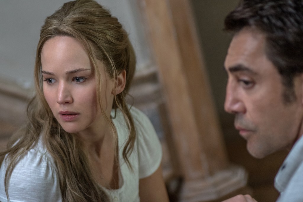 Left to right: Jennifer Lawrence and Javier Bardem in mother!, from Paramount Pictures and Protozoa Pictures.